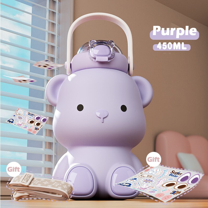 Portable Kawaii Bear Thermos Bottle Stainless Steel with Straw 450ml