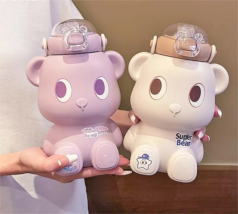 Portable Kawaii Bear Thermos Bottle Stainless Steel with Straw 450ml
