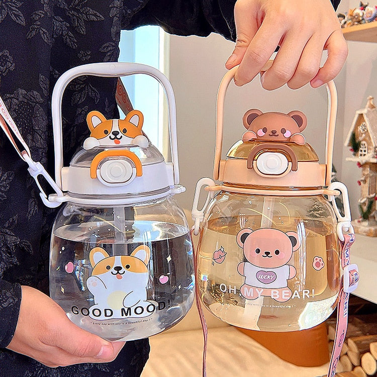 Kawaii Bear Water Bottle Large Capacity with Straw 1300ML