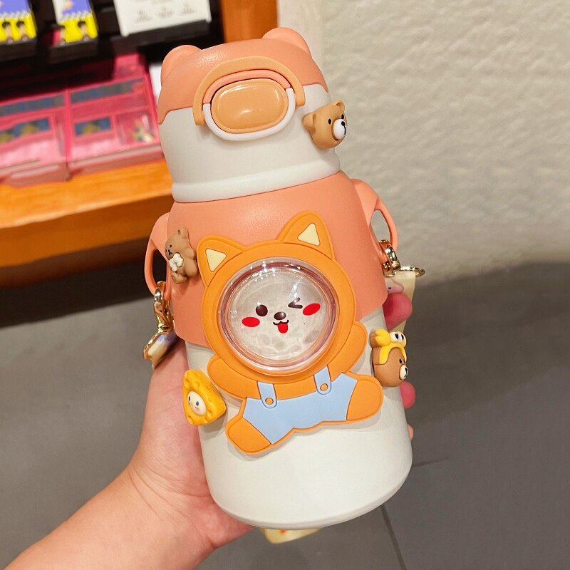 520 ML Kawaii Thermos Water Bottle With Straw Strap