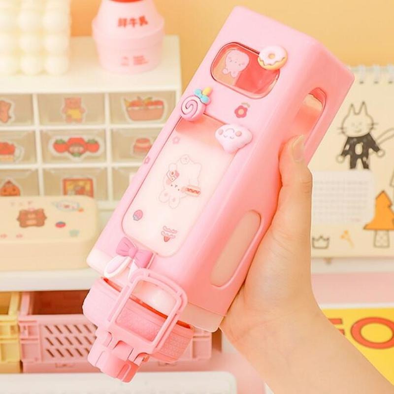 Cute Water Bottle with Lid Straw Sticker 700ml