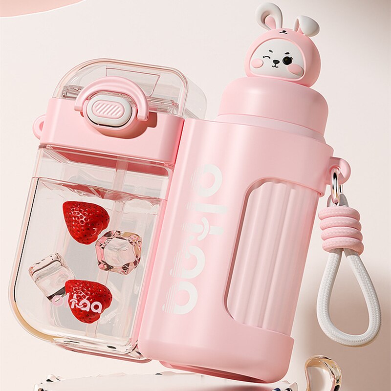 Cute 2 in 1 Water Bottles Plastic Stainless Steel Thermos