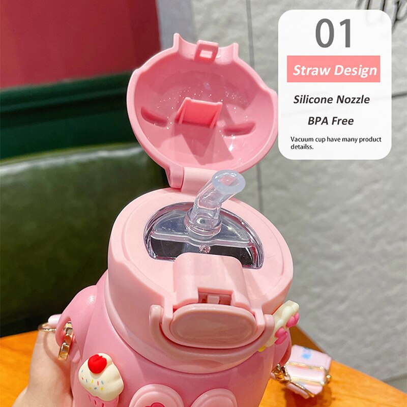 520 ML Kawaii Thermos Water Bottle With Straw Strap