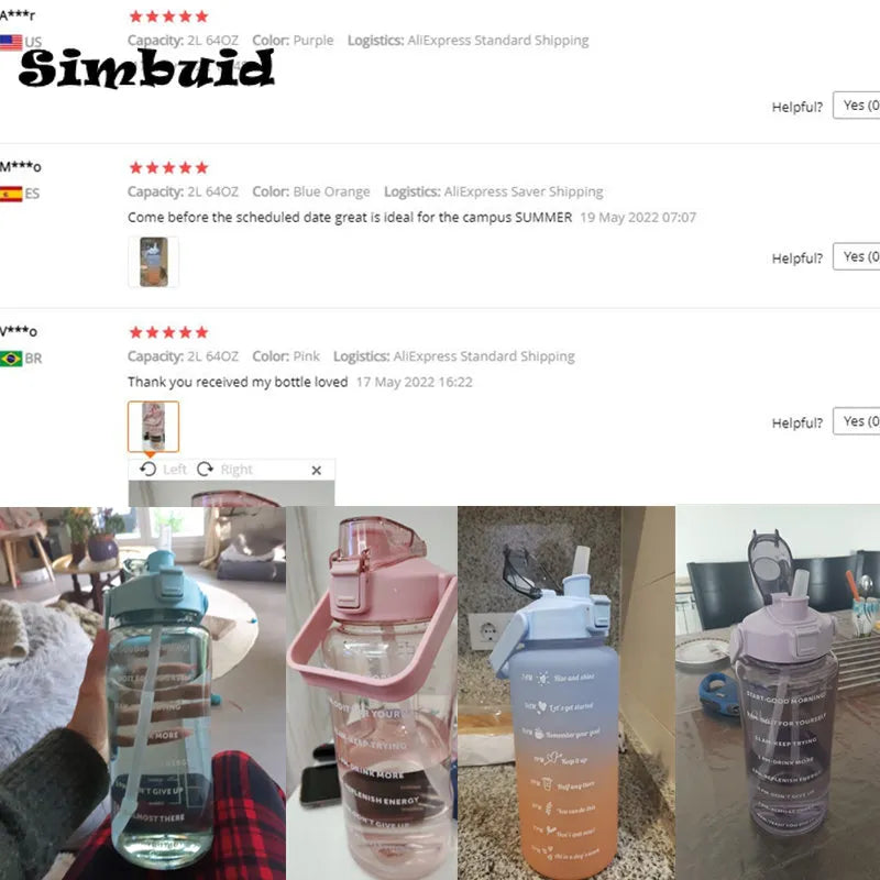 2 Liter Water Bottle with Straw Sports Fitness Cup with Time Scale
