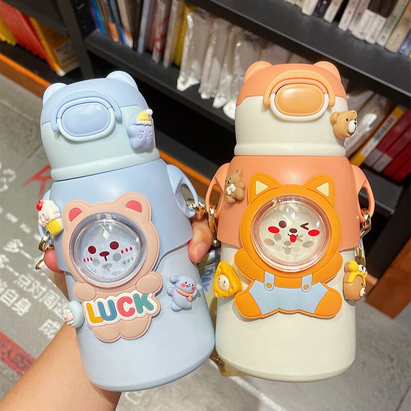 520 ML Kawaii Thermos Water Bottle With Straw Strap