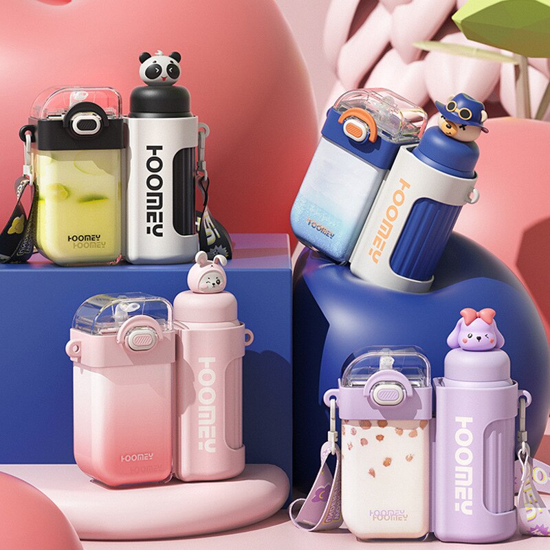 Cute 2 in 1 Water Bottles Plastic Stainless Steel Thermos