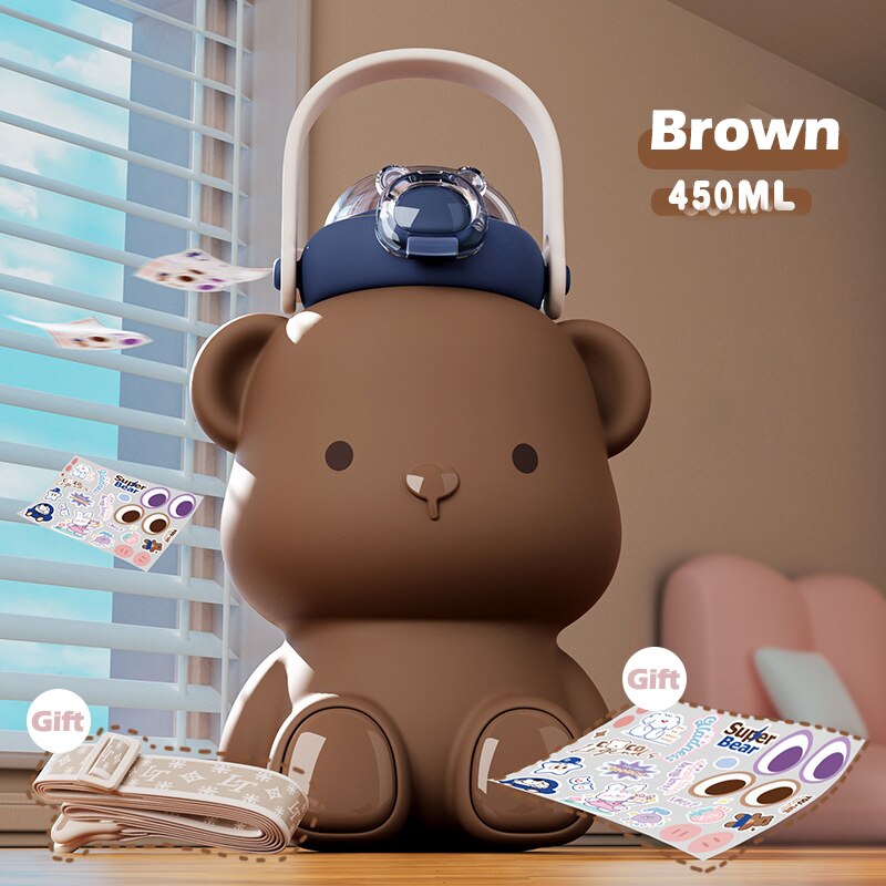 Portable Kawaii Bear Thermos Bottle Stainless Steel with Straw 450ml