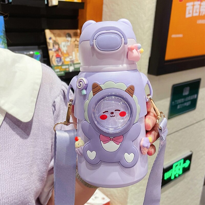 520 ML Kawaii Thermos Water Bottle With Straw Strap