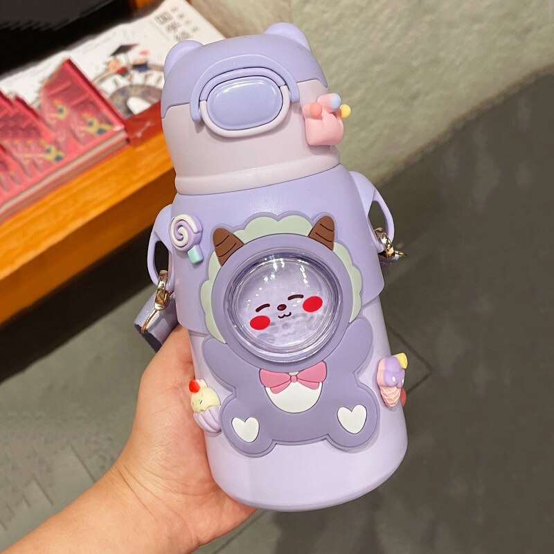 520 ML Kawaii Thermos Water Bottle With Straw Strap