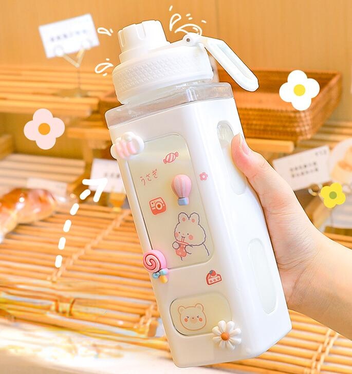 Cute Water Bottle with Lid Straw Sticker 700ml