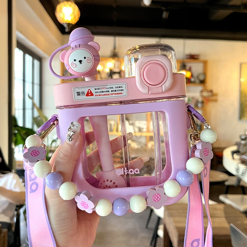 Kawaii Water Bottles With Double Straw 580/800 ML