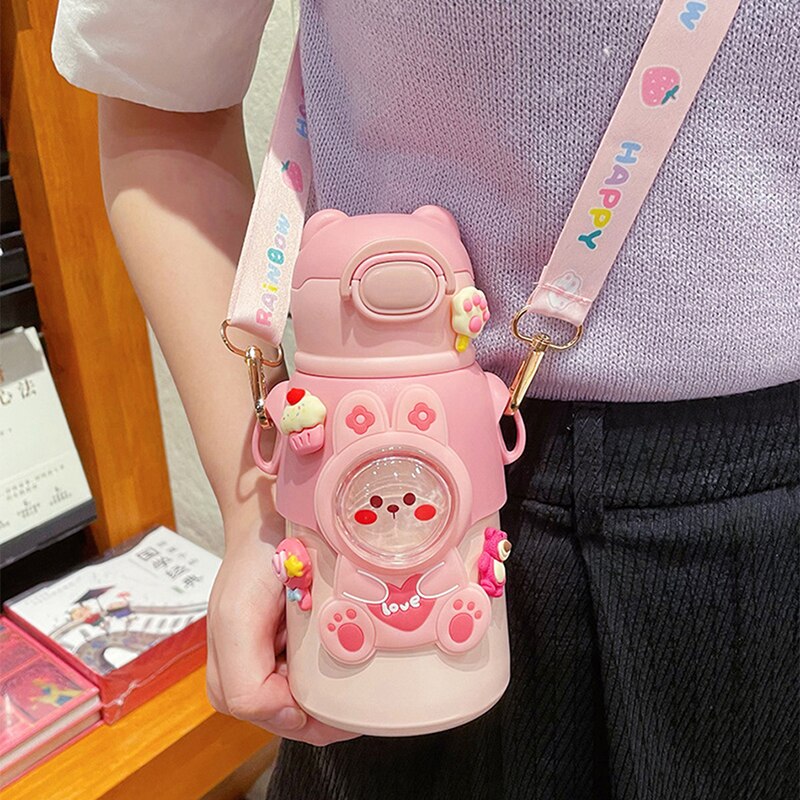 520 ML Kawaii Thermos Water Bottle With Straw Strap