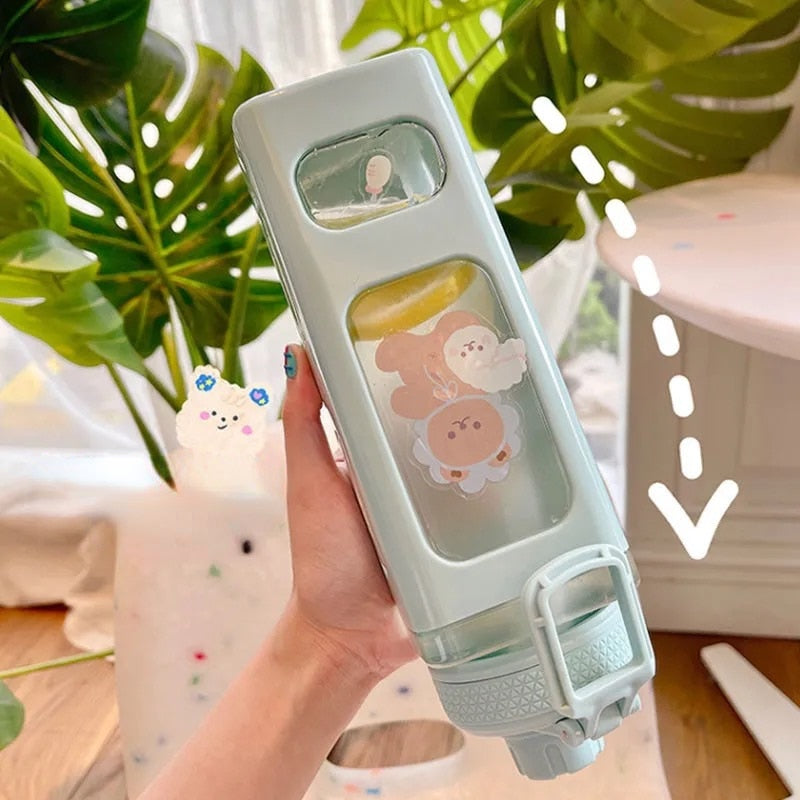 Cute Water Bottle with Lid Straw Sticker 700ml