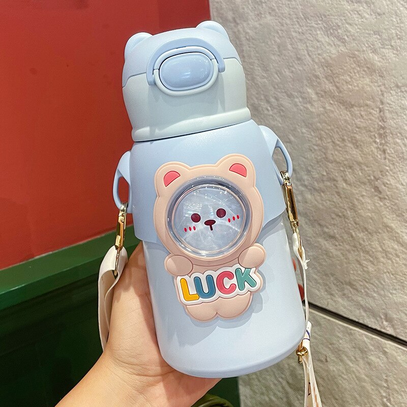 520 ML Kawaii Thermos Water Bottle With Straw Strap