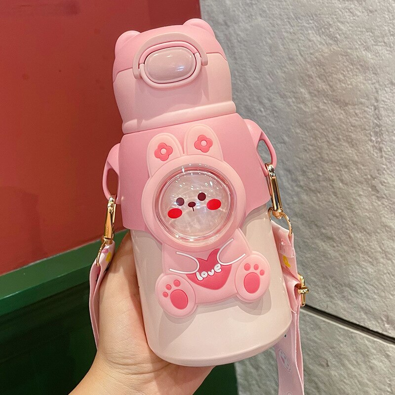 520 ML Kawaii Thermos Water Bottle With Straw Strap