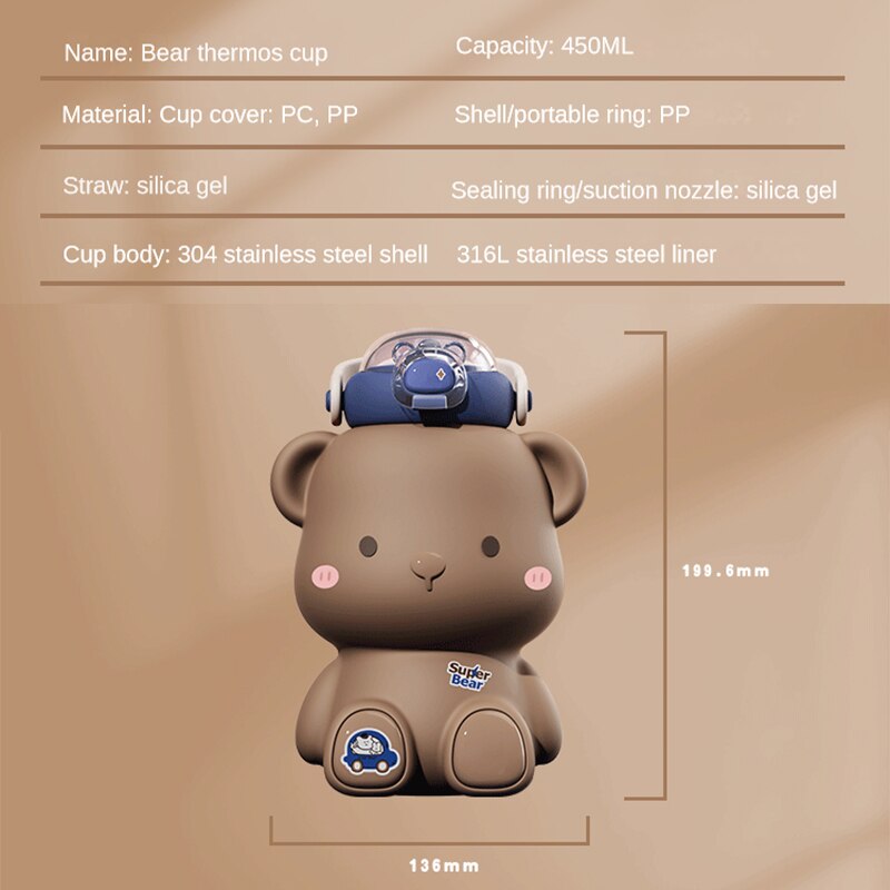 Portable Kawaii Bear Thermos Bottle Stainless Steel with Straw 450ml