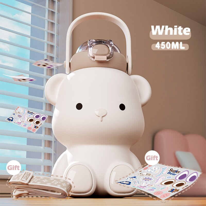 Portable Kawaii Bear Thermos Bottle Stainless Steel with Straw 450ml
