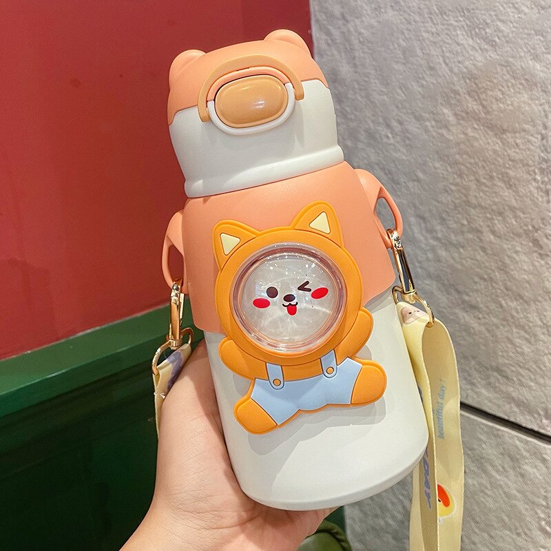 520 ML Kawaii Thermos Water Bottle With Straw Strap