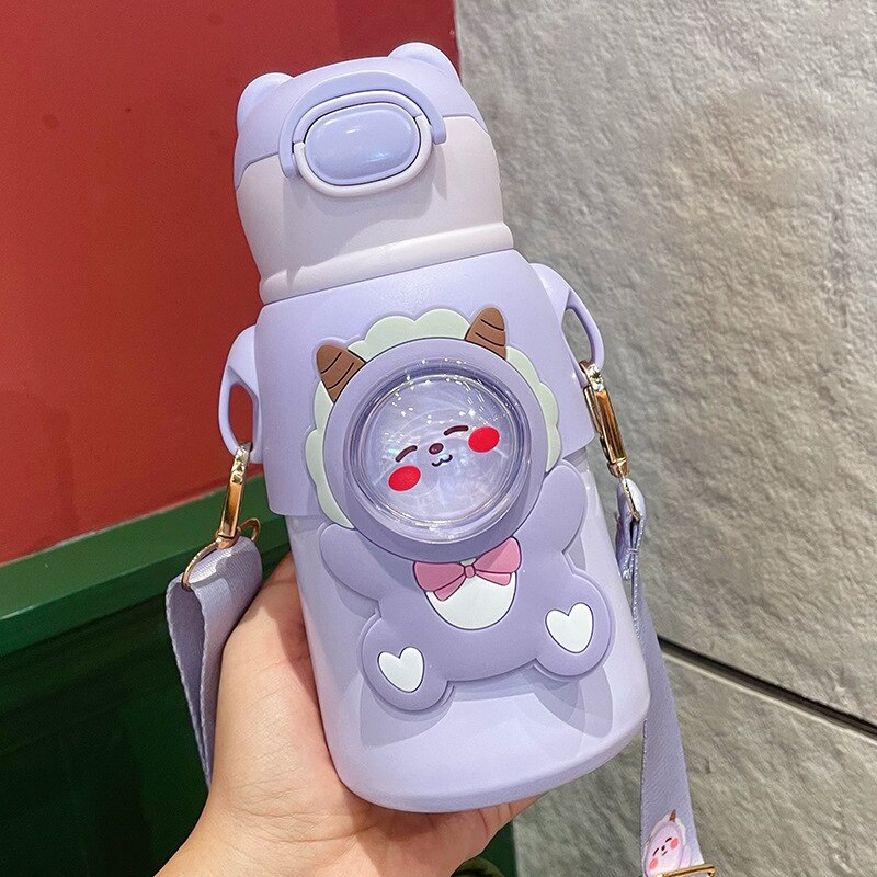 520 ML Kawaii Thermos Water Bottle With Straw Strap