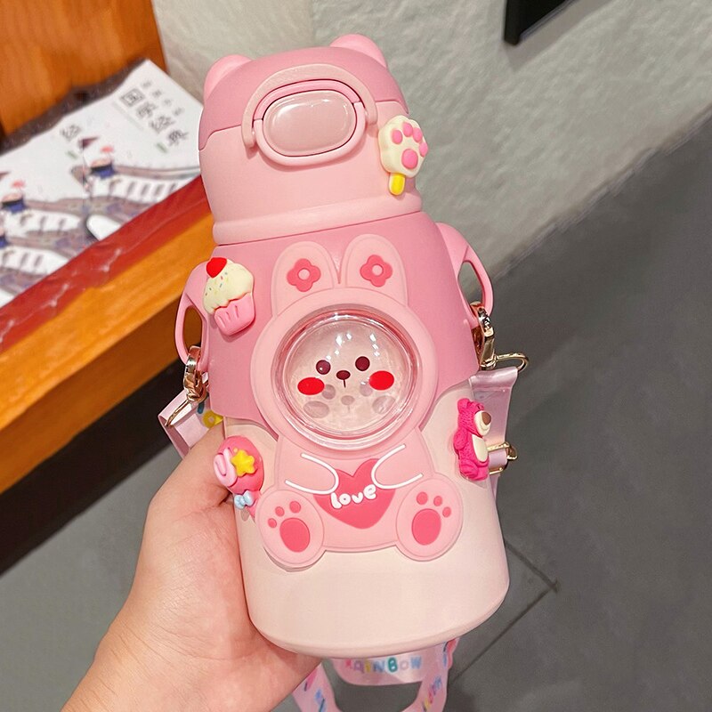 520 ML Kawaii Thermos Water Bottle With Straw Strap