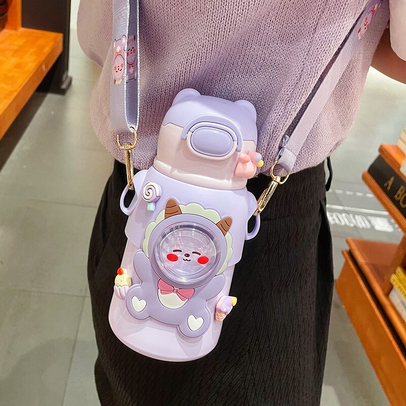 520 ML Kawaii Thermos Water Bottle With Straw Strap