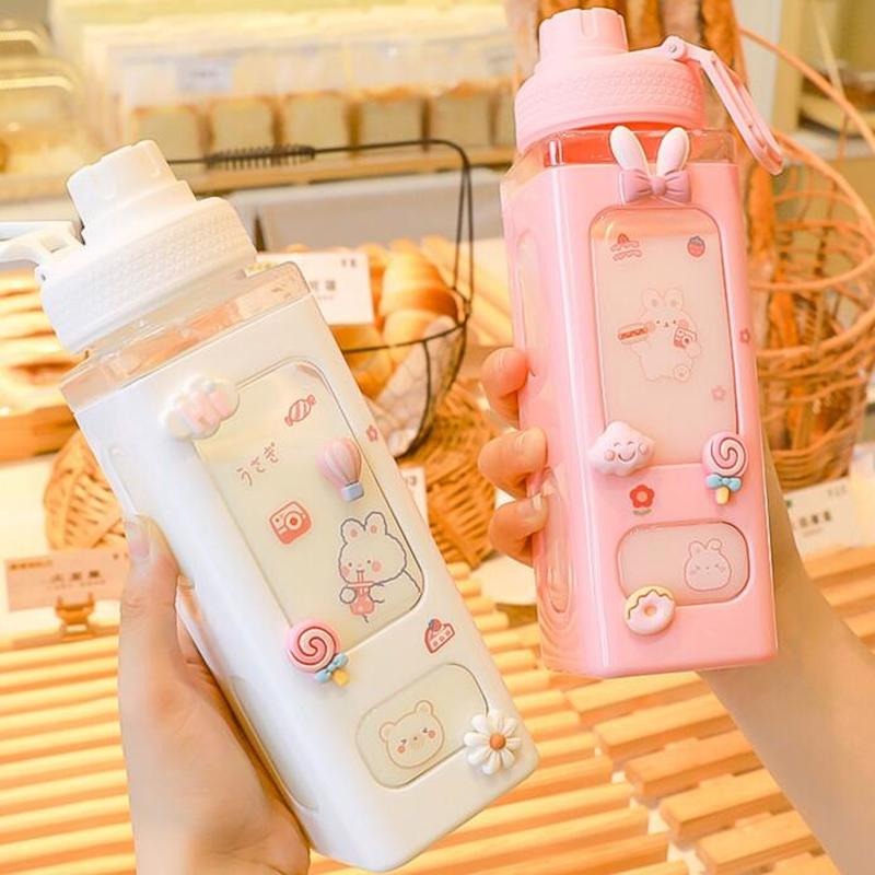 Cute Water Bottle with Lid Straw Sticker 700ml