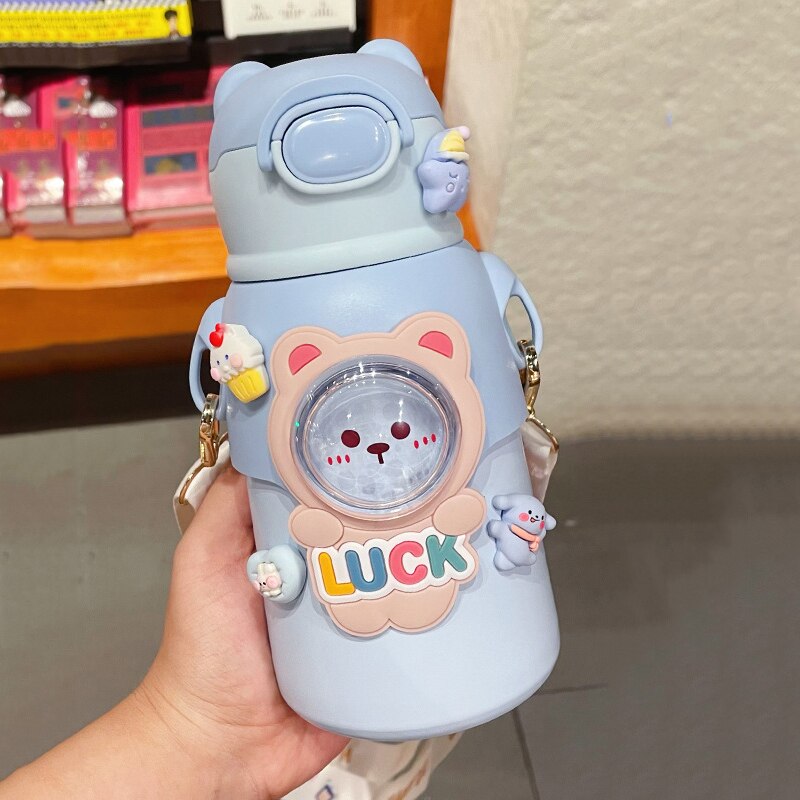 520 ML Kawaii Thermos Water Bottle With Straw Strap