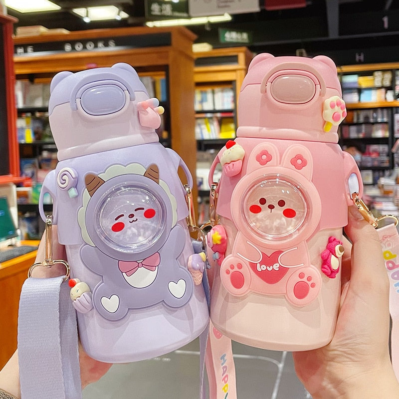 520 ML Kawaii Thermos Water Bottle With Straw Strap