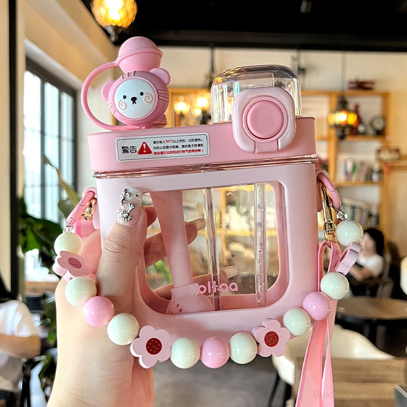 Kawaii Water Bottles With Double Straw 580/800 ML