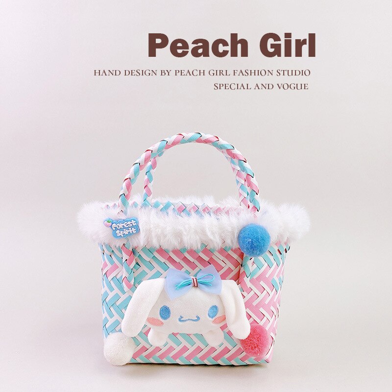 Kawaii Sanrio Color Contrast Woven Basket Handbag