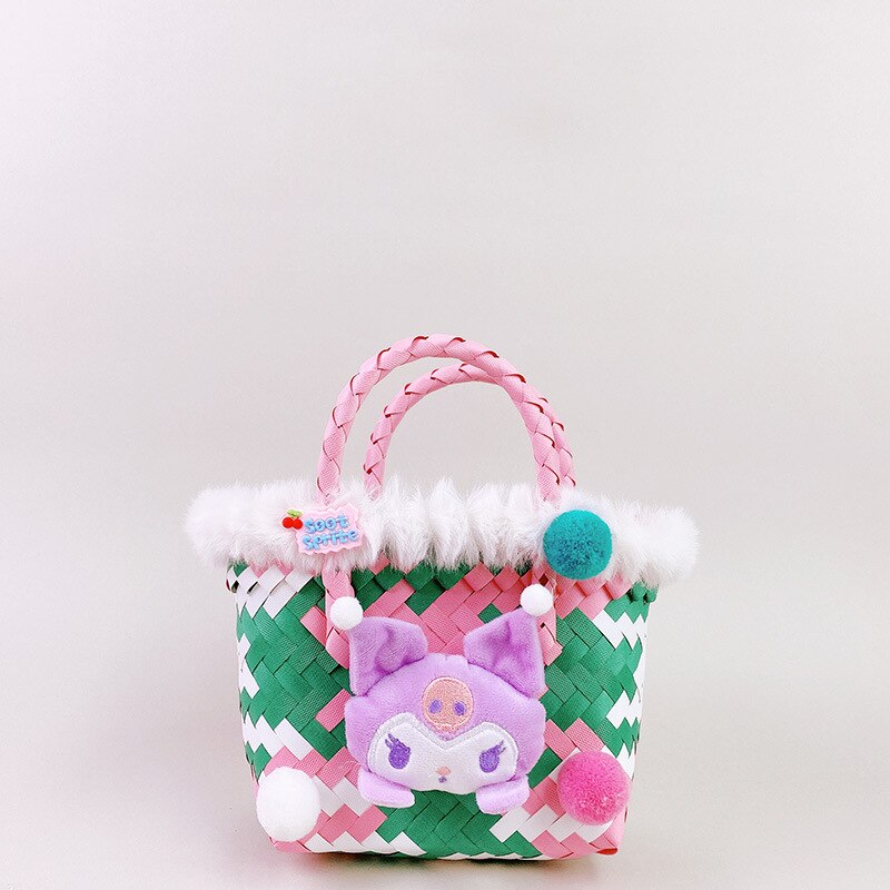 Kawaii Sanrio Color Contrast Woven Basket Handbag
