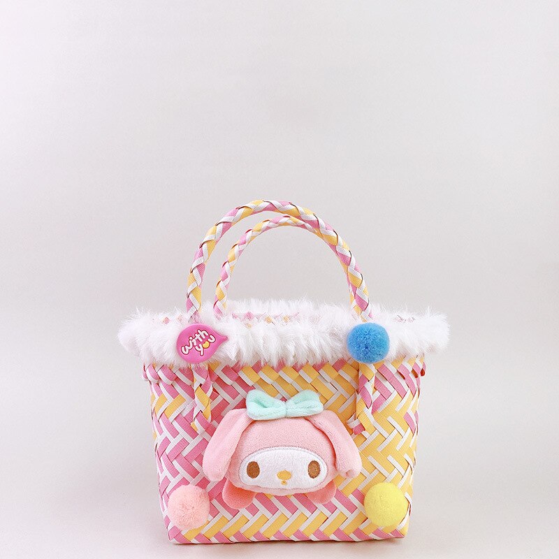 Kawaii Sanrio Color Contrast Woven Basket Handbag