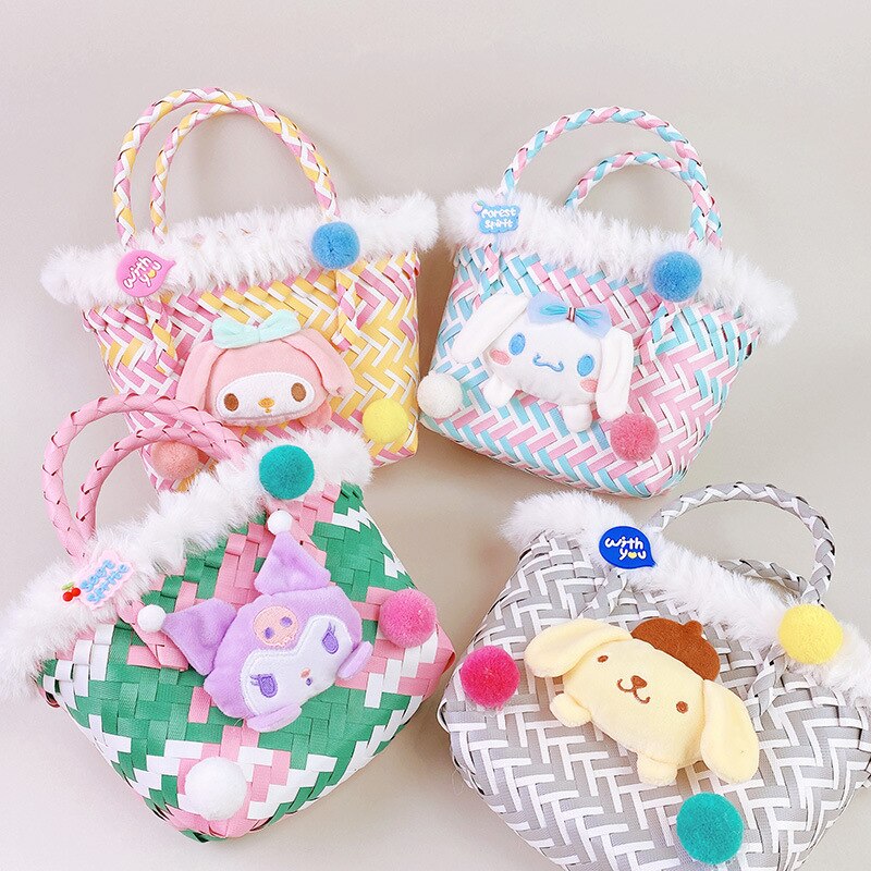 Kawaii Sanrio Color Contrast Woven Basket Handbag