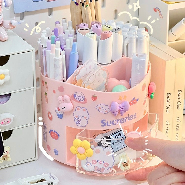 Cute Rotating Pen Holder with Storage Box