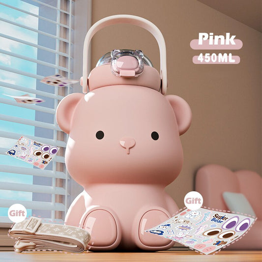 Portable Kawaii Bear Thermos Bottle Stainless Steel with Straw 450ml