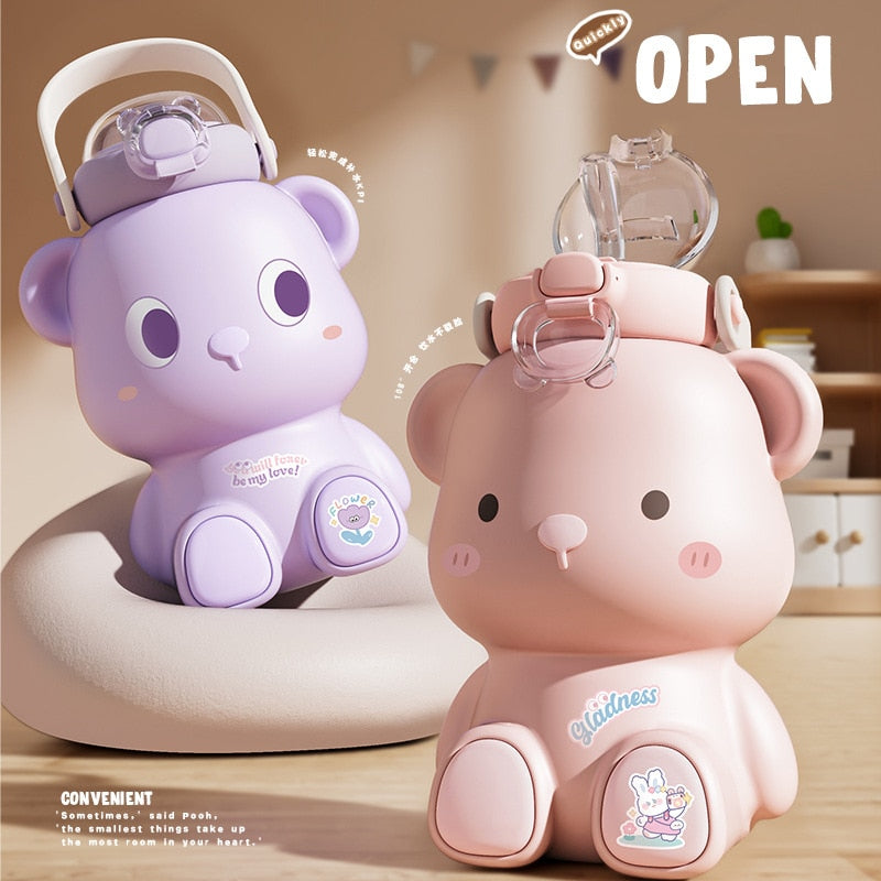 Portable Kawaii Bear Thermos Bottle Stainless Steel with Straw 450ml