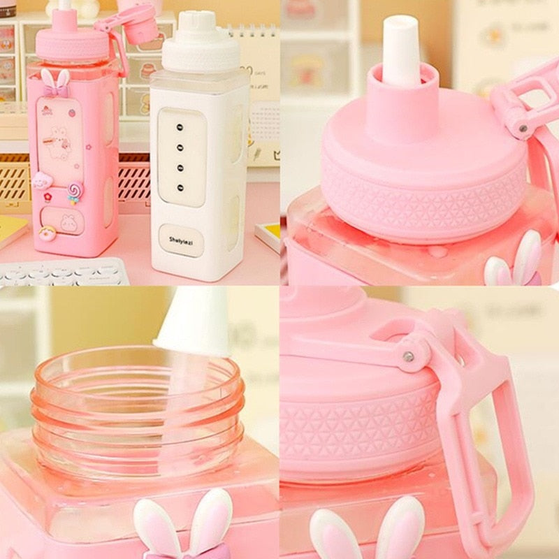 Cute Water Bottle with Lid Straw Sticker 700ml