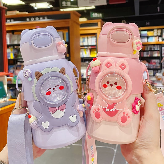 520 ML Kawaii Thermos Water Bottle With Straw Strap